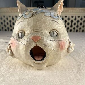 Jim Shore Cat Sculpture Bird House with Cream and Pink Accents and Hanging Chain